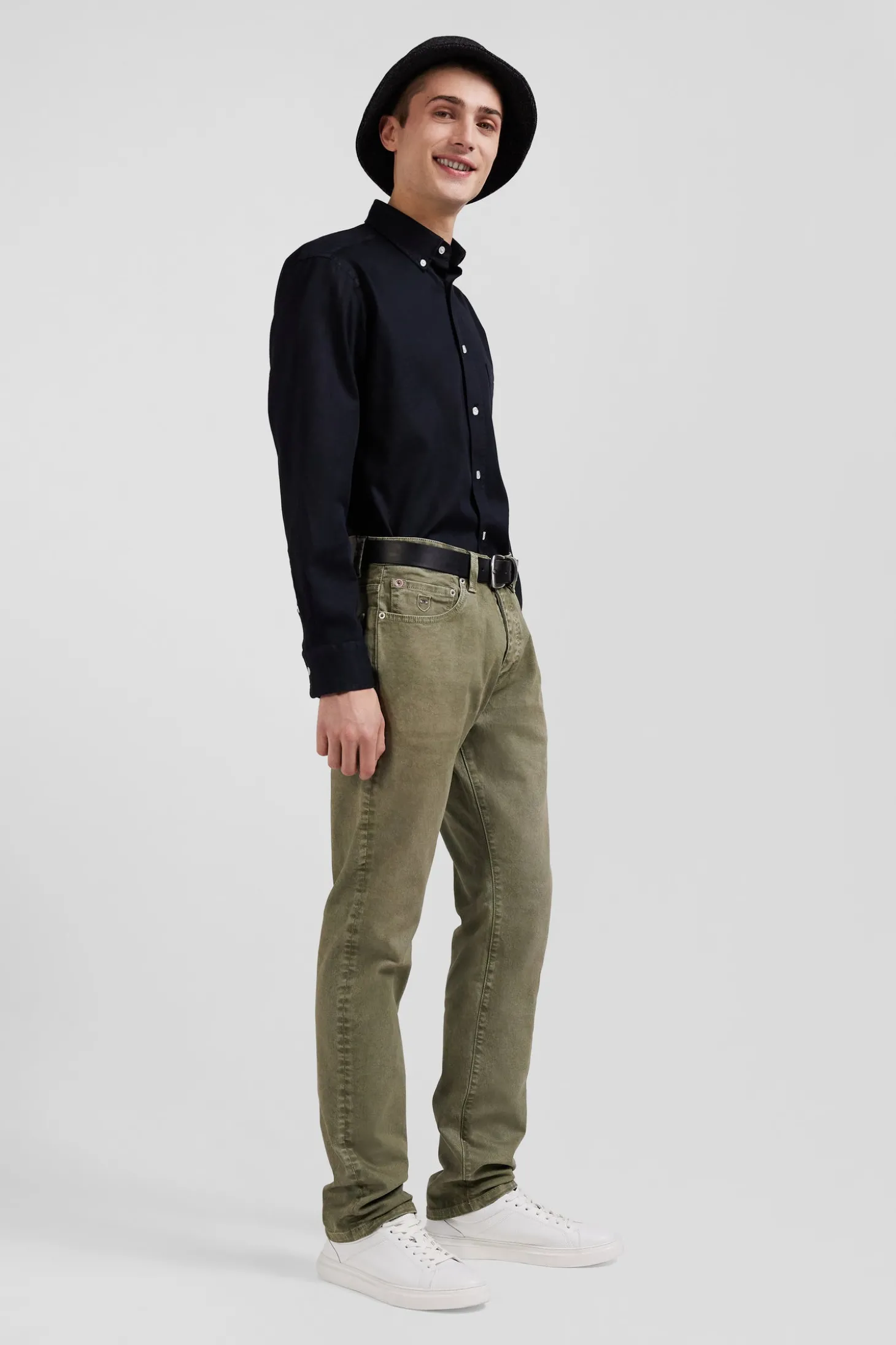 Regular beige stretch cotton 5-pocket trousers