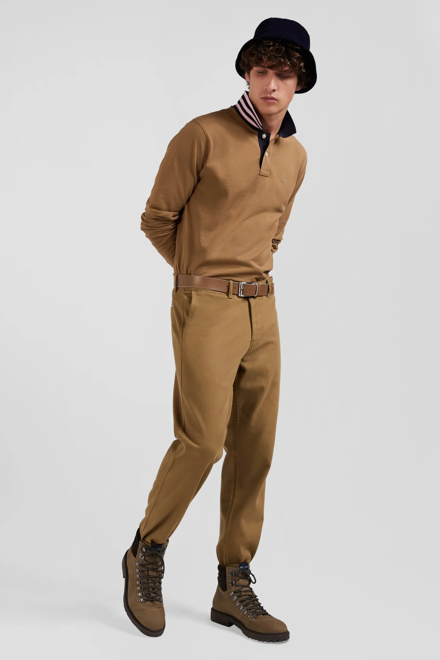 Regular beige stretch cotton piqué and modal chino trousers