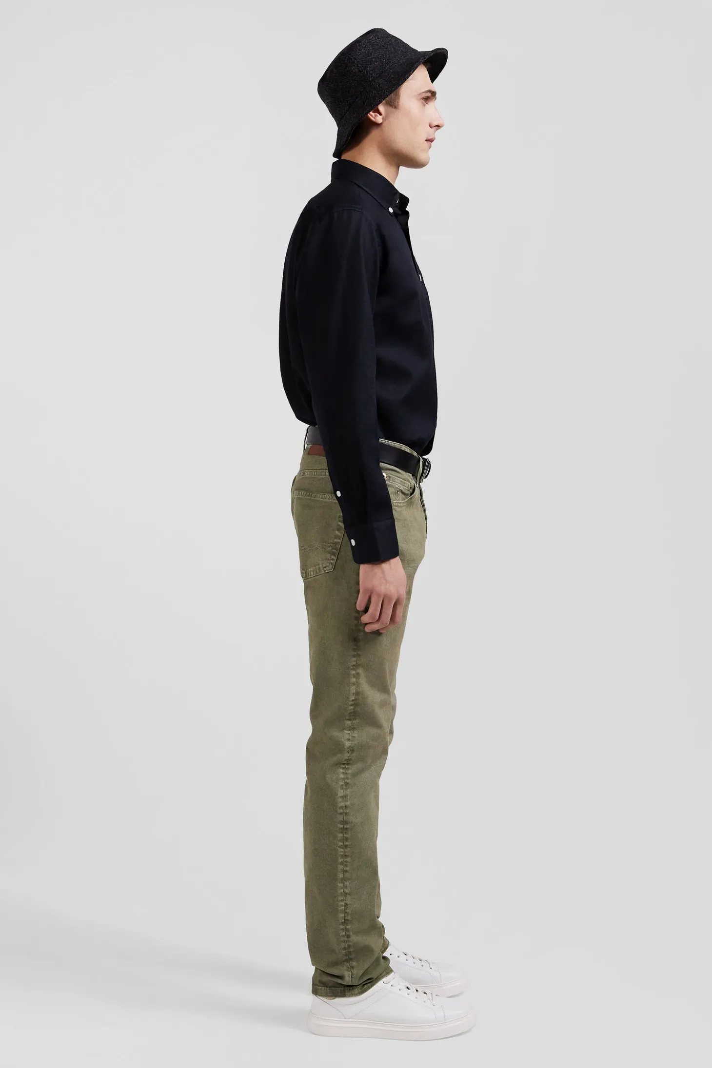 Regular beige stretch cotton 5-pocket trousers