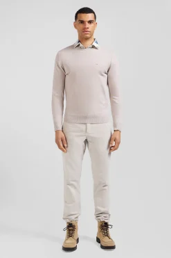 Regular beige wool and cotton crew neck jumper
