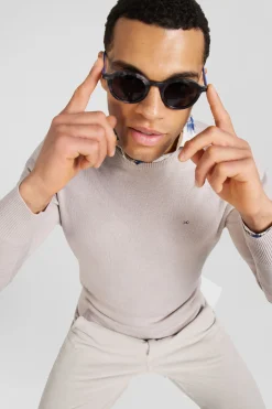 Regular beige wool and cotton crew neck jumper