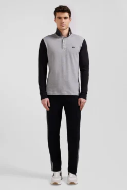 Regular black bicolor long-sleeved cotton piqué polo shirt with jacquard collar