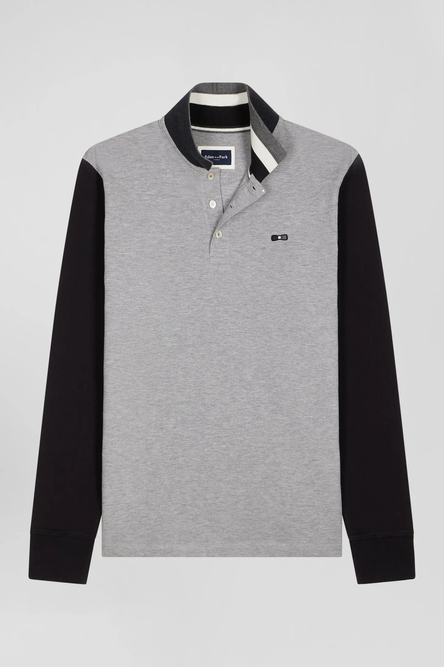 Regular black bicolor long-sleeved cotton piqué polo shirt with jacquard collar