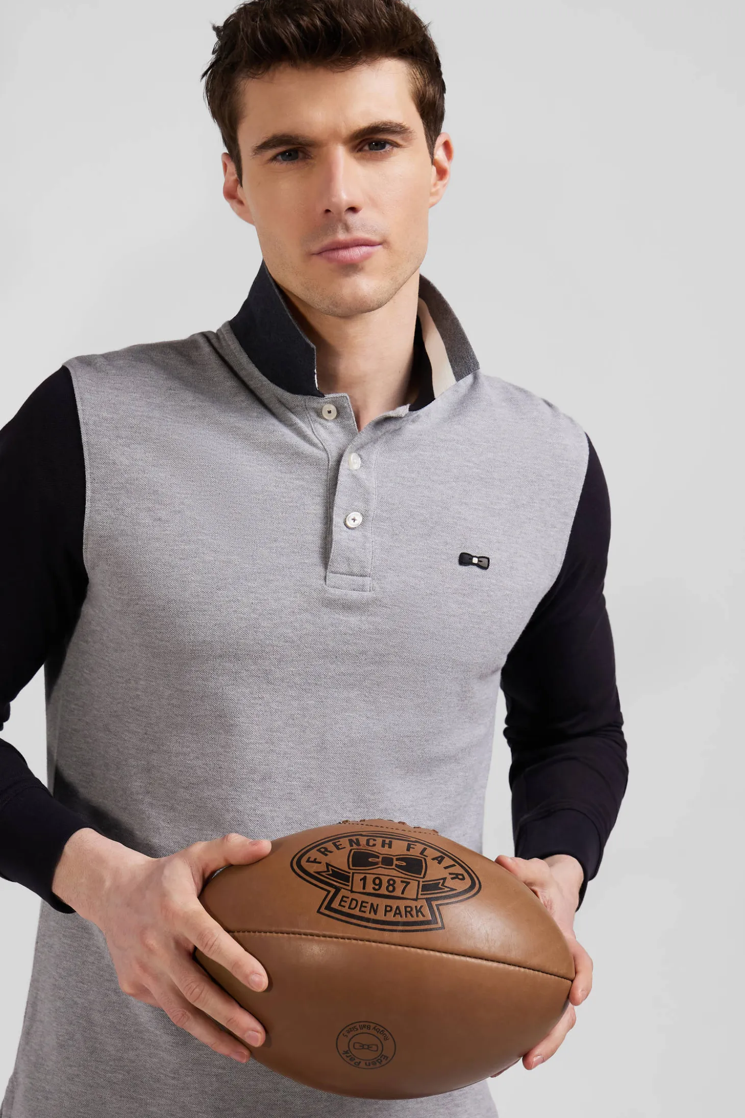 Regular black bicolor long-sleeved cotton piqué polo shirt with jacquard collar