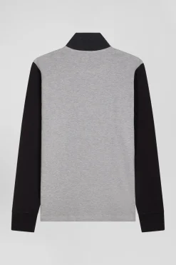 Regular black bicolor long-sleeved cotton piqué polo shirt with jacquard collar