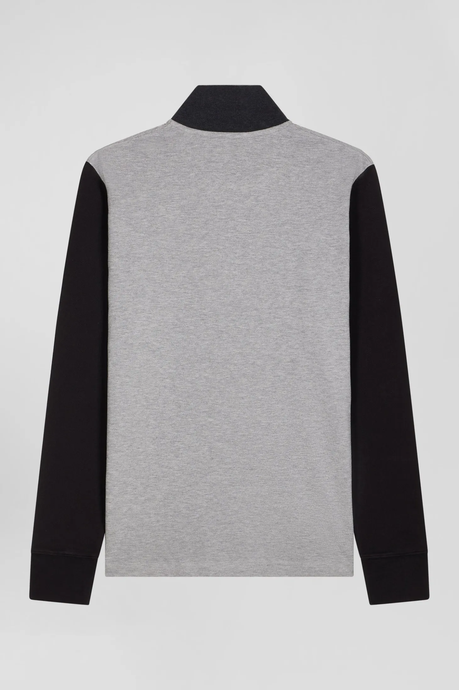 Regular black bicolor long-sleeved cotton piqué polo shirt with jacquard collar