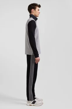 Regular black bicolor long-sleeved cotton piqué polo shirt with jacquard collar