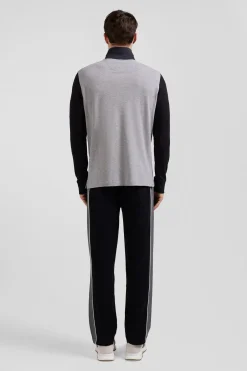 Regular black bicolor long-sleeved cotton piqué polo shirt with jacquard collar