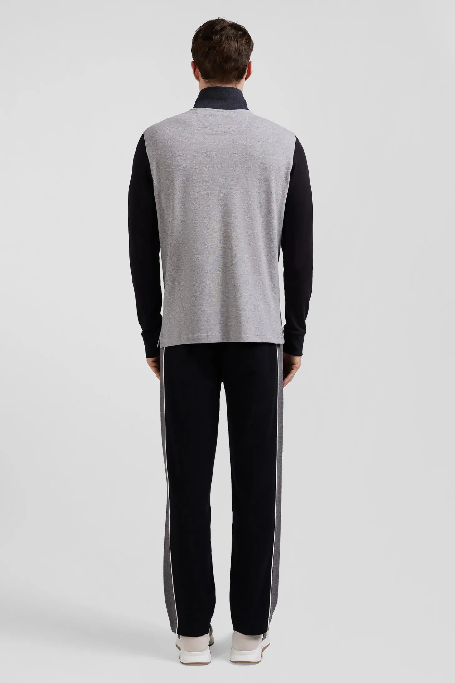 Regular black bicolor long-sleeved cotton piqué polo shirt with jacquard collar