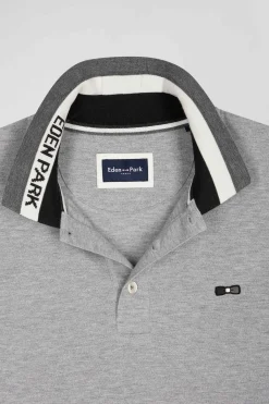 Regular black bicolor long-sleeved cotton piqué polo shirt with jacquard collar
