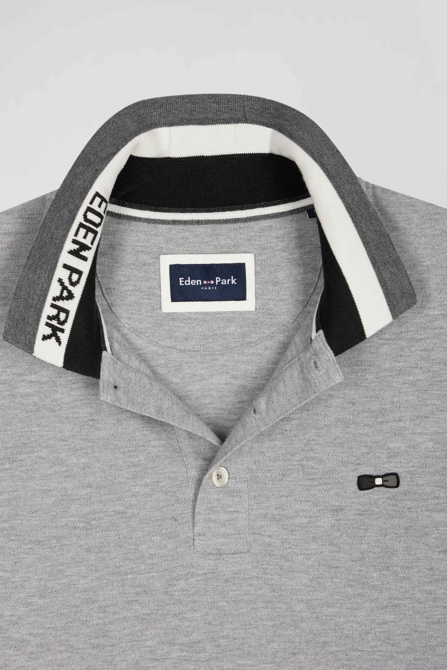 Regular black bicolor long-sleeved cotton piqué polo shirt with jacquard collar