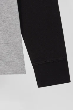 Regular black bicolor long-sleeved cotton piqué polo shirt with jacquard collar