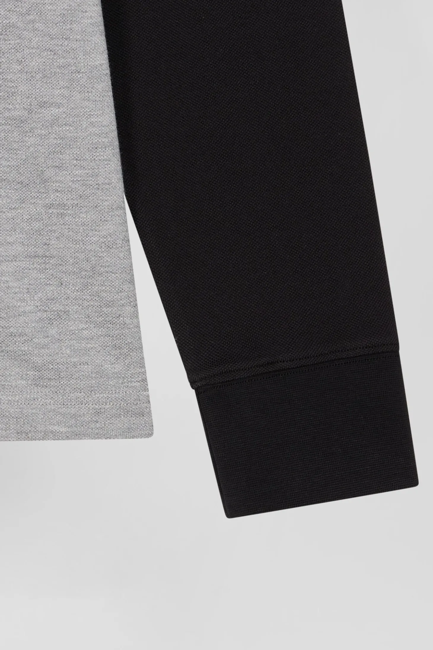 Regular black bicolor long-sleeved cotton piqué polo shirt with jacquard collar