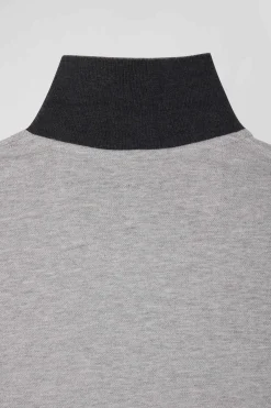 Regular black bicolor long-sleeved cotton piqué polo shirt with jacquard collar