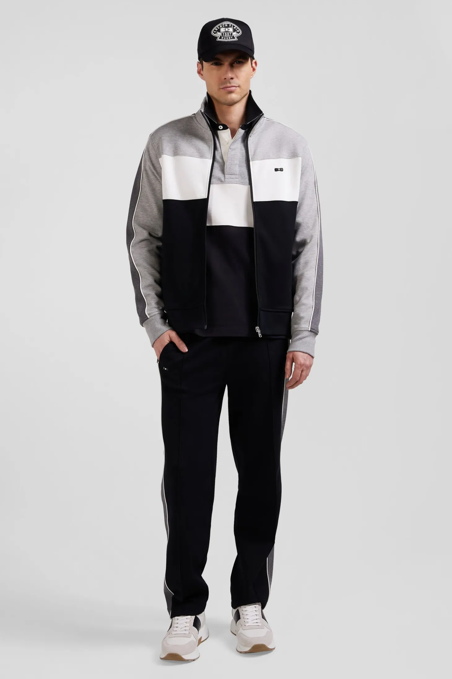 Regular black colorblock zipped cotton blend sweatshirt