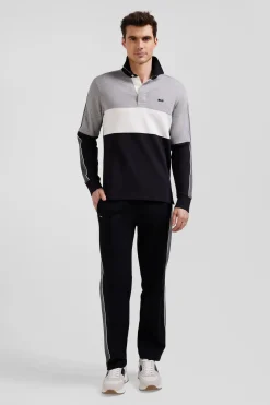 Regular black long-sleeved cotton rugby shirt with back embroidery and piping