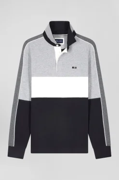 Regular black long-sleeved cotton rugby shirt with back embroidery and piping