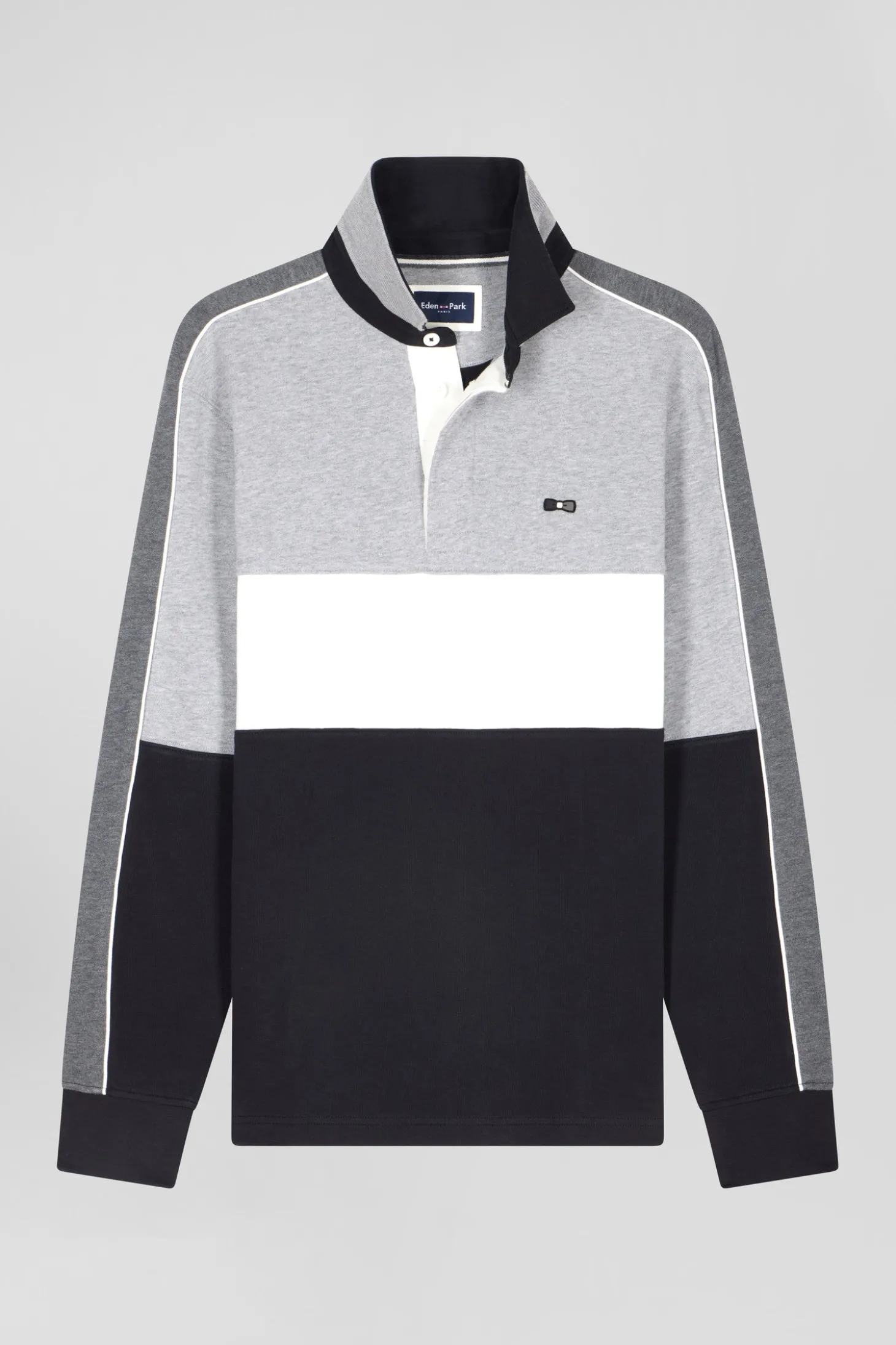 Regular black long-sleeved cotton rugby shirt with back embroidery and piping
