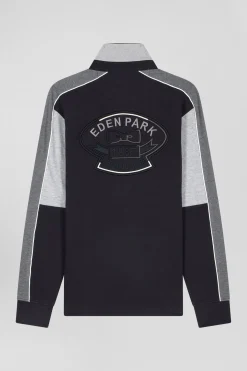 Regular black long-sleeved cotton rugby shirt with back embroidery and piping
