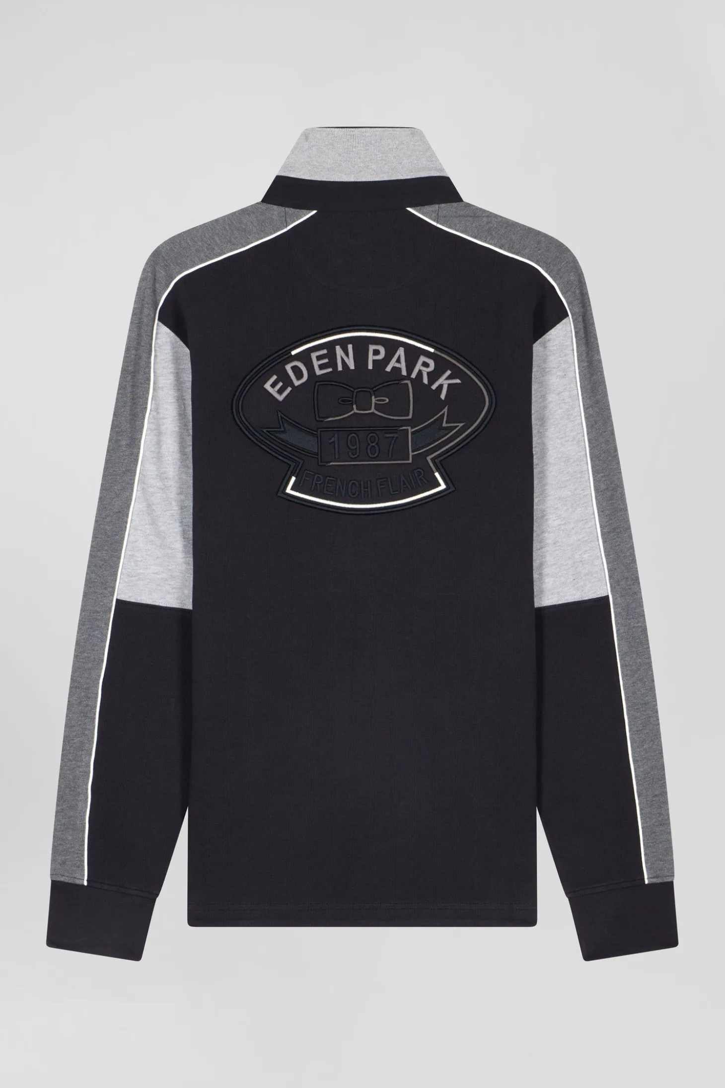 Regular black long-sleeved cotton rugby shirt with back embroidery and piping