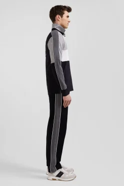 Regular black long-sleeved cotton rugby shirt with back embroidery and piping