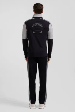 Regular black long-sleeved cotton rugby shirt with back embroidery and piping