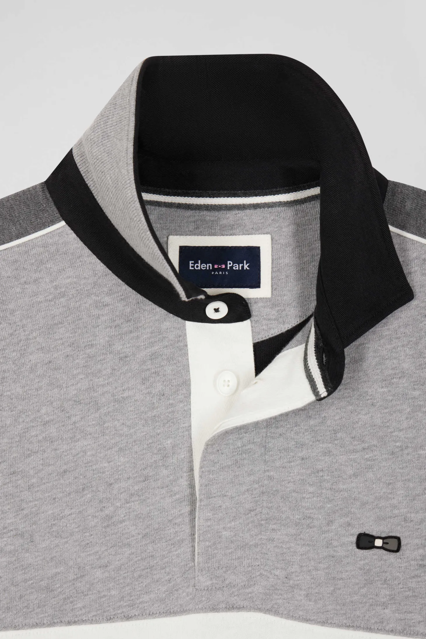 Regular black long-sleeved cotton rugby shirt with back embroidery and piping