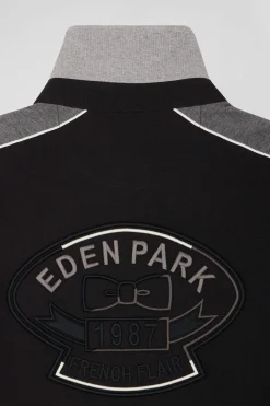 Regular black long-sleeved cotton rugby shirt with back embroidery and piping