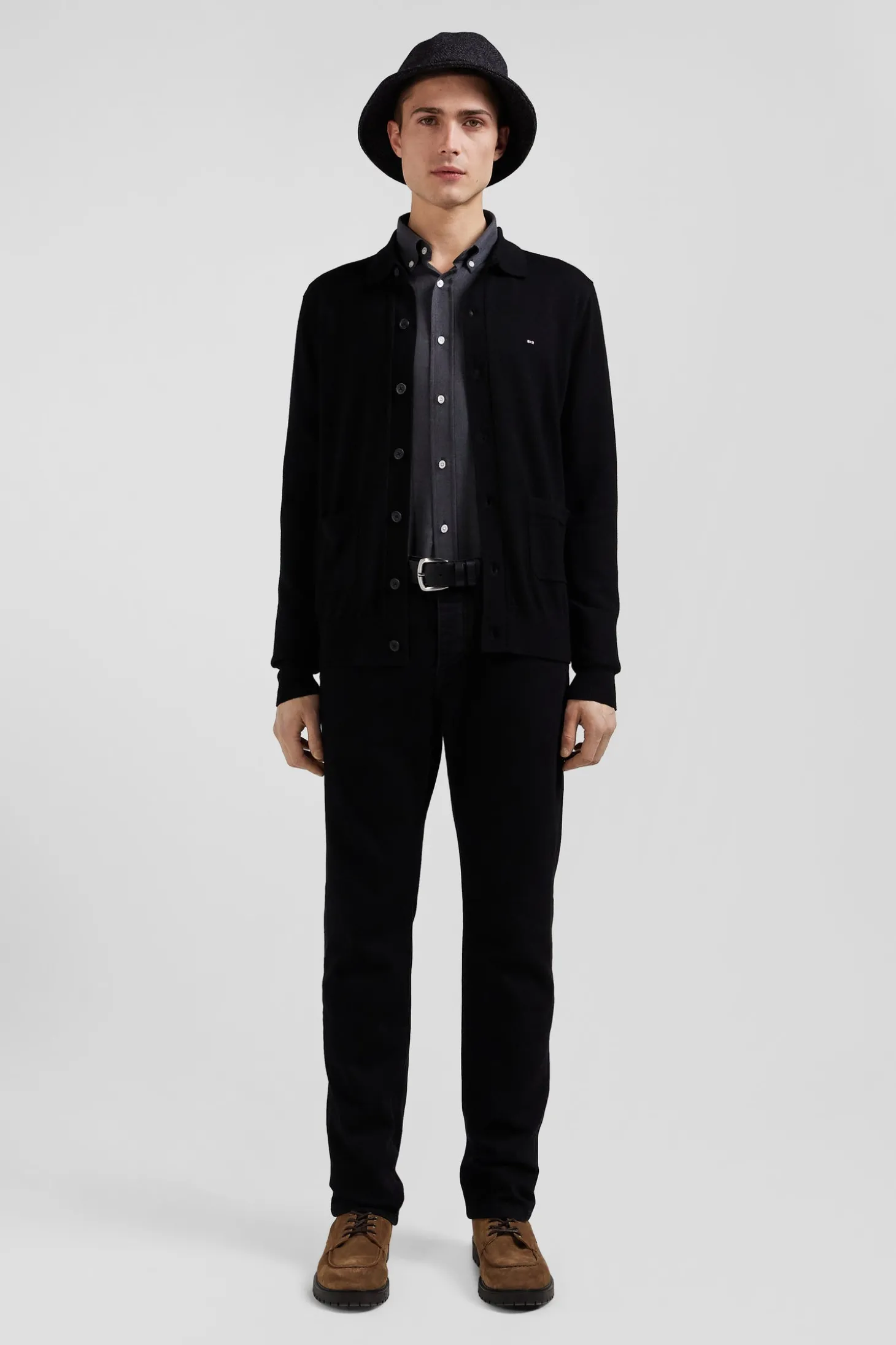 Regular black merino wool cardigan