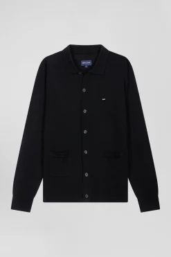 Regular black merino wool cardigan