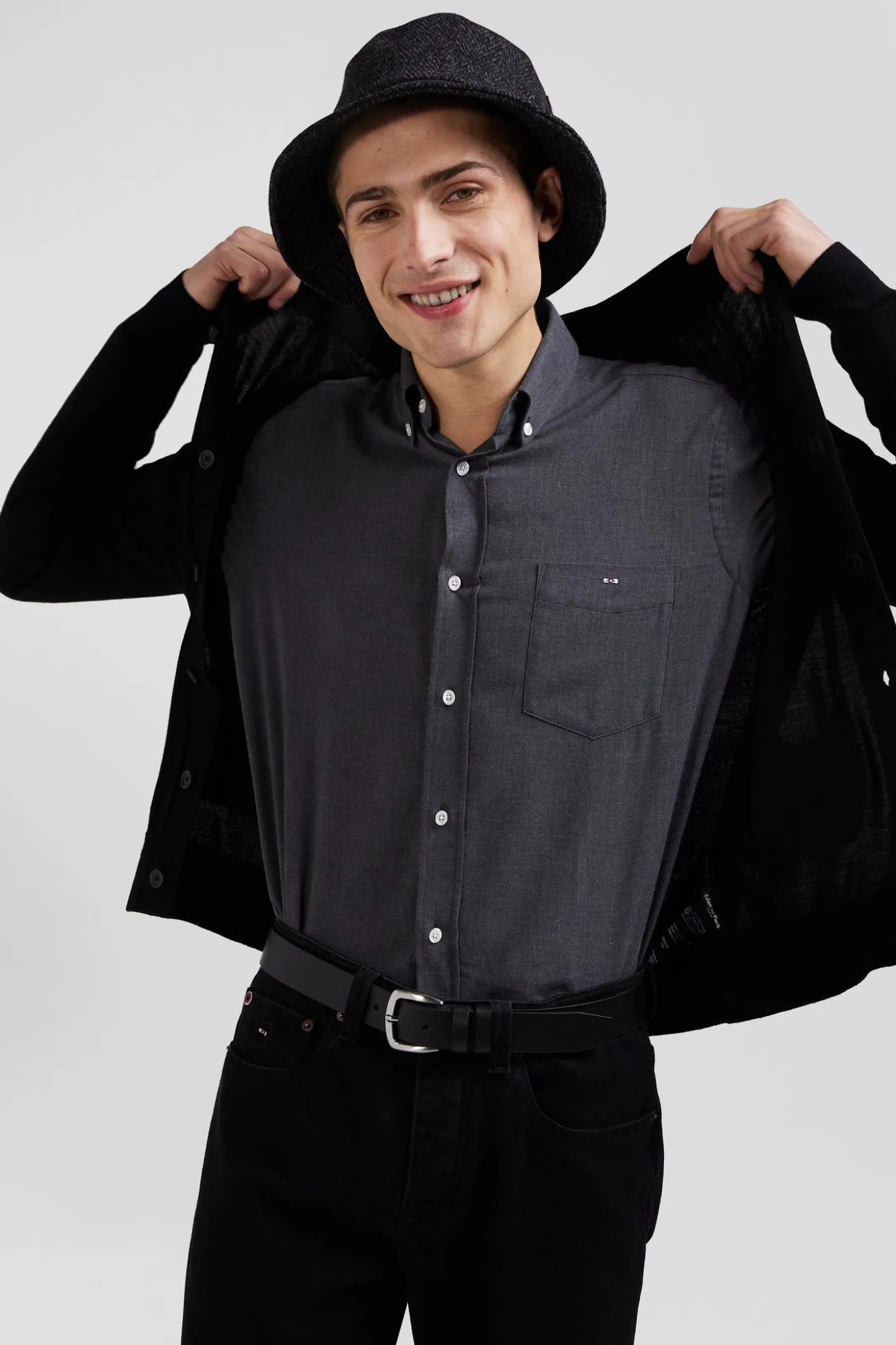 Regular black merino wool cardigan