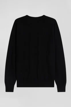 Regular black merino wool V-neck jumper
