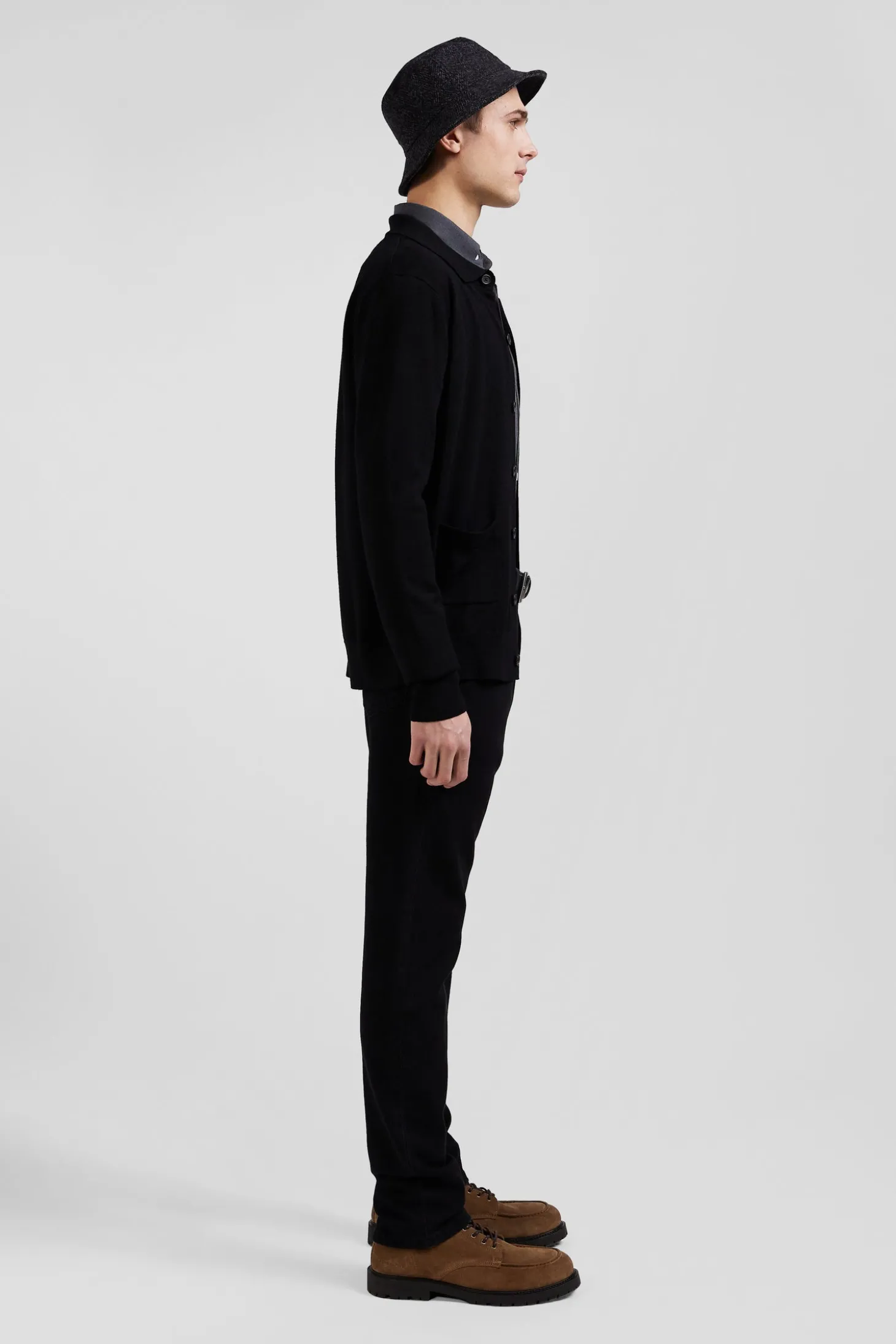 Regular black merino wool cardigan