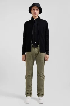 Regular black plain wool and cotton zipped cardigan