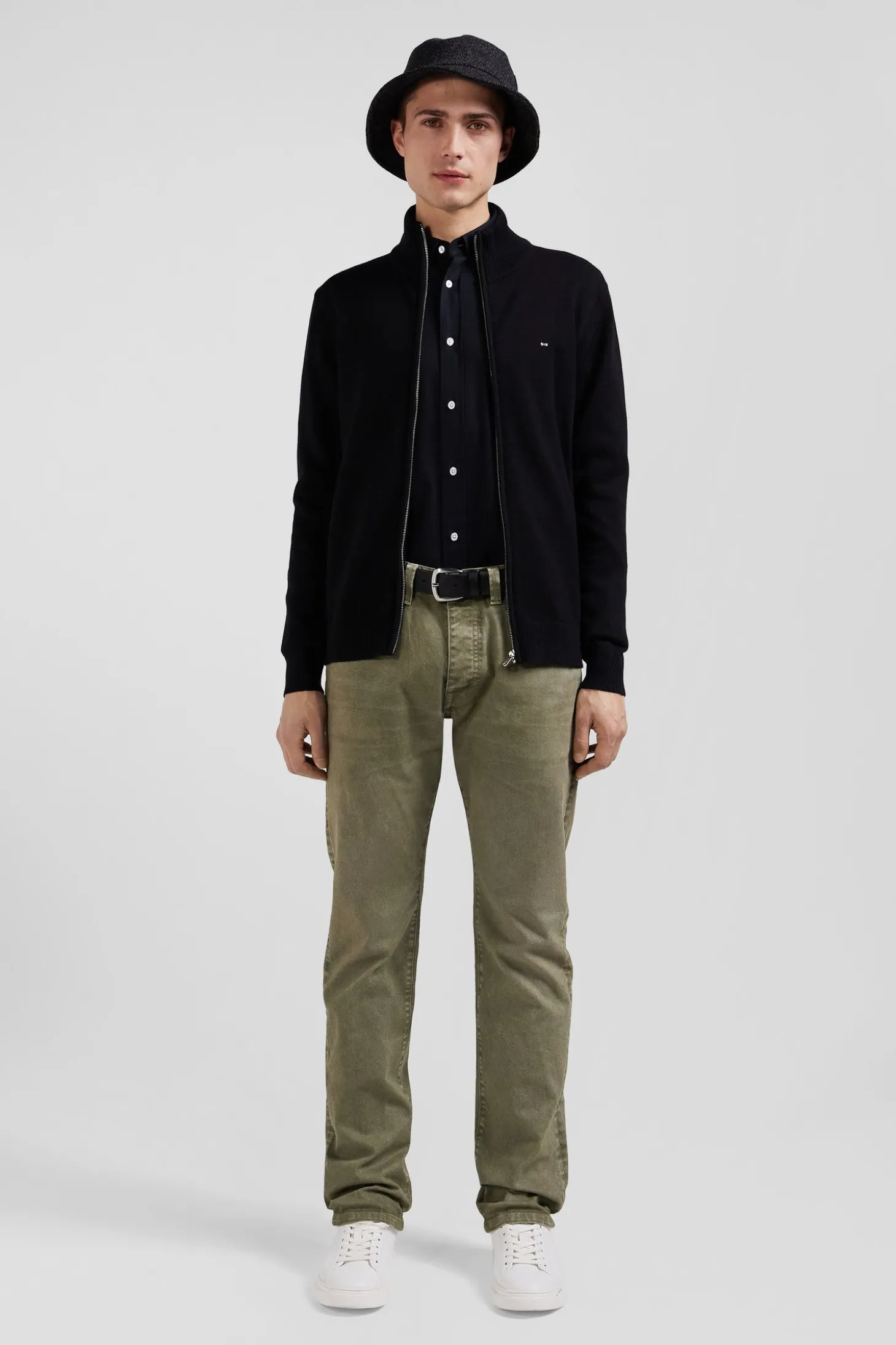 Regular black plain wool and cotton zipped cardigan