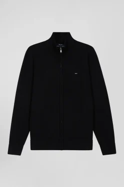 Regular black plain wool and cotton zipped cardigan