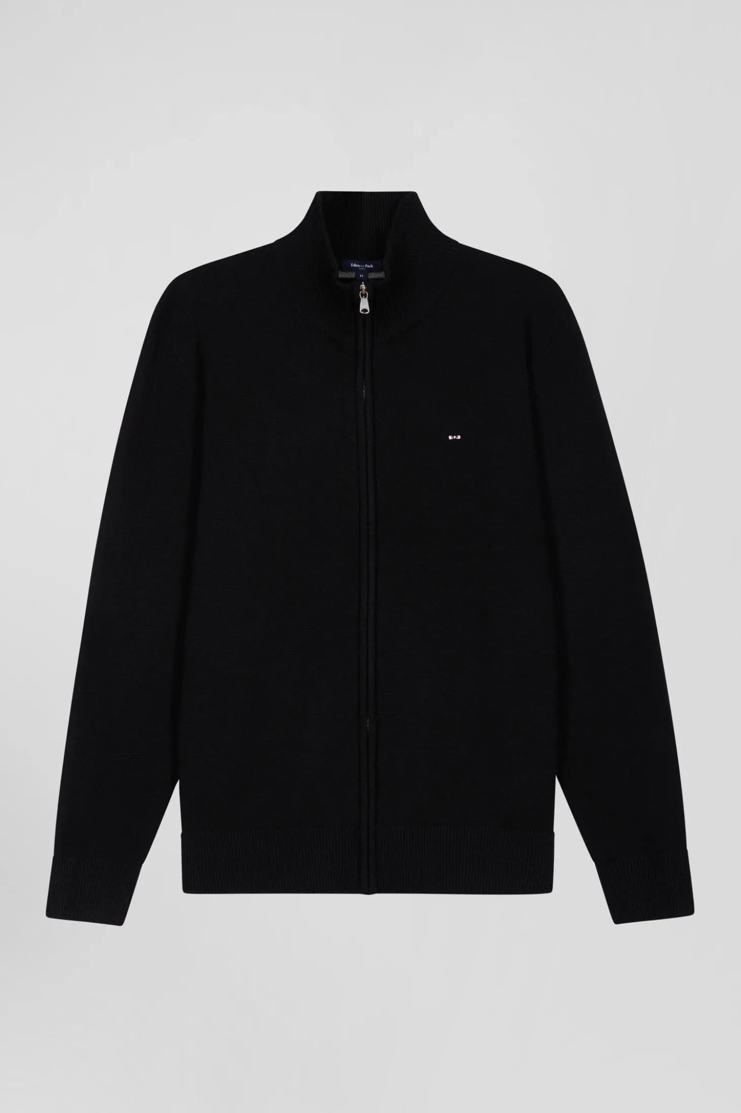 Regular black plain wool and cotton zipped cardigan