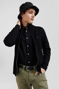 Regular black plain wool and cotton zipped cardigan