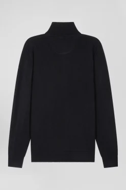Regular black plain wool and cotton zipped cardigan