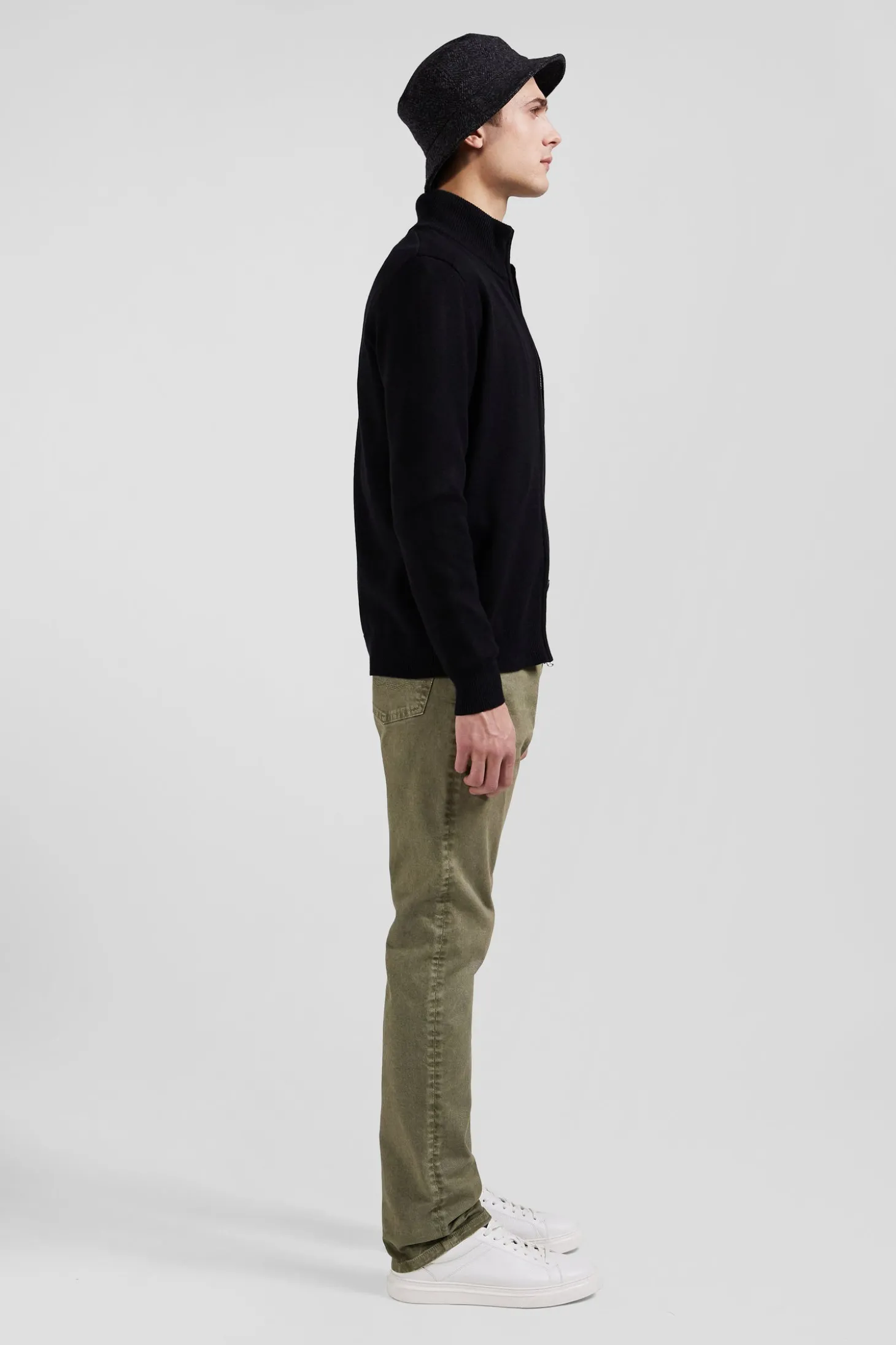 Regular black plain wool and cotton zipped cardigan