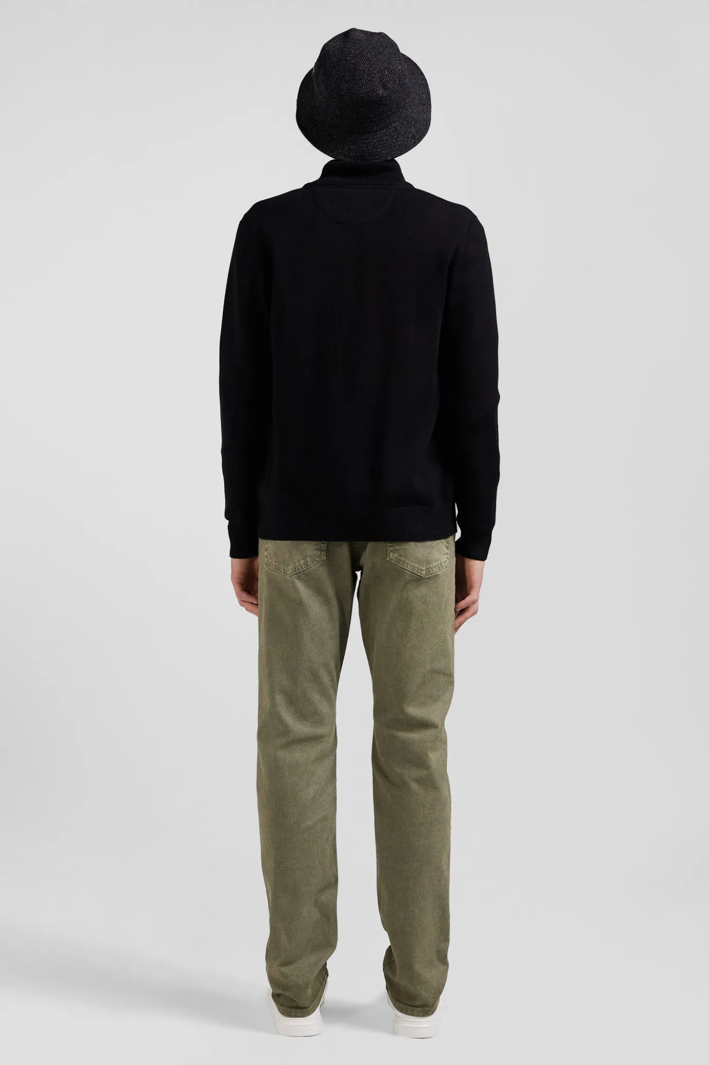 Regular black plain wool and cotton zipped cardigan