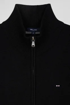 Regular black plain wool and cotton zipped cardigan