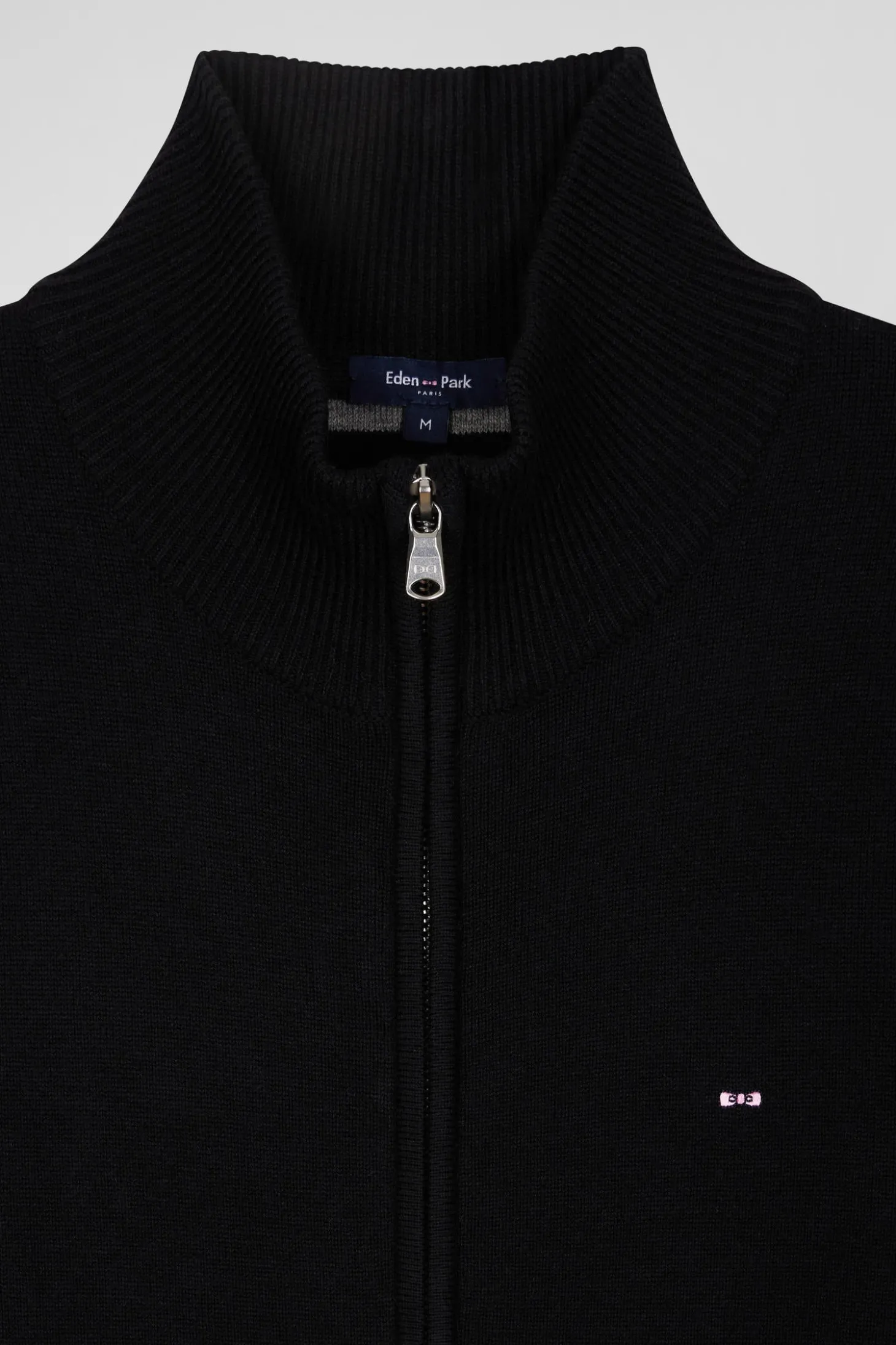 Regular black plain wool and cotton zipped cardigan