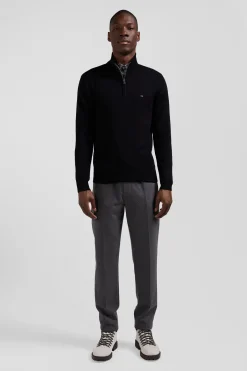 Regular black semi-zipped wool and cotton jumper