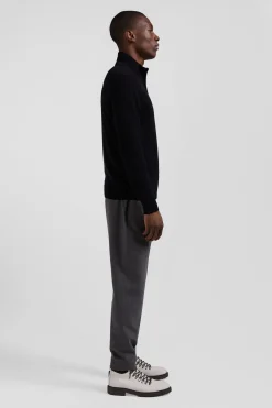 Regular black semi-zipped wool and cotton jumper