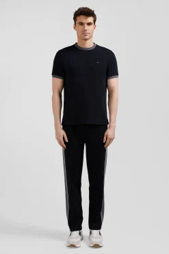 Regular black short-sleeved cotton T-shirt with back embroidery