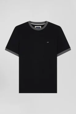 Regular black short-sleeved cotton T-shirt with back embroidery