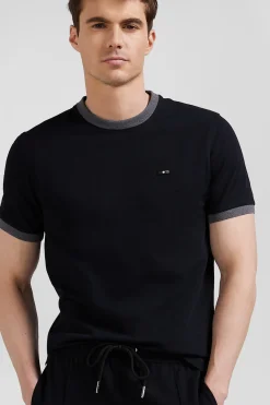 Regular black short-sleeved cotton T-shirt with back embroidery