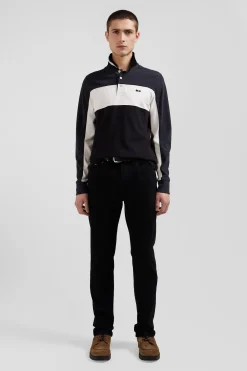Regular black tricolor long-sleeved cotton piqué polo shirt