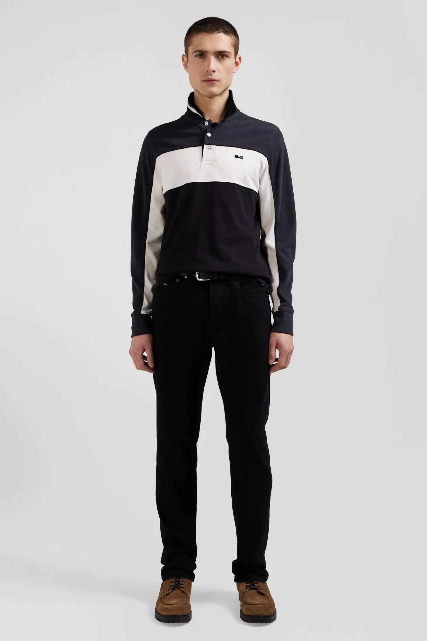 Regular black tricolor long-sleeved cotton piqué polo shirt